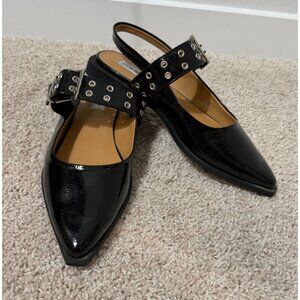 Steve Madden Black Patent Pointed Toe Slingback Flats with Studded Strap
